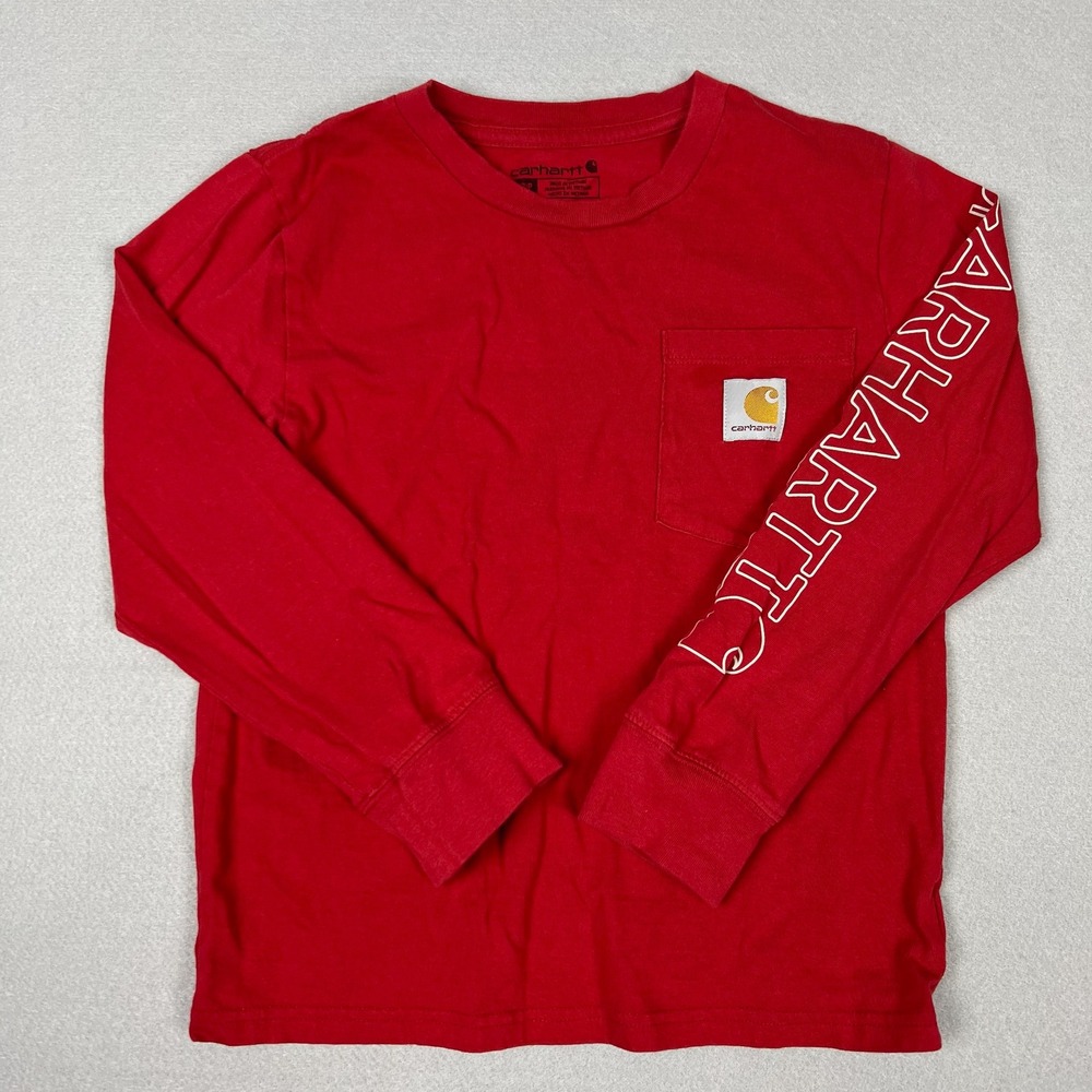 Carhartt Kid's Small (8-10) Red Long Sleeve Logo Graphic Pocket T-Shirt TK6596-B